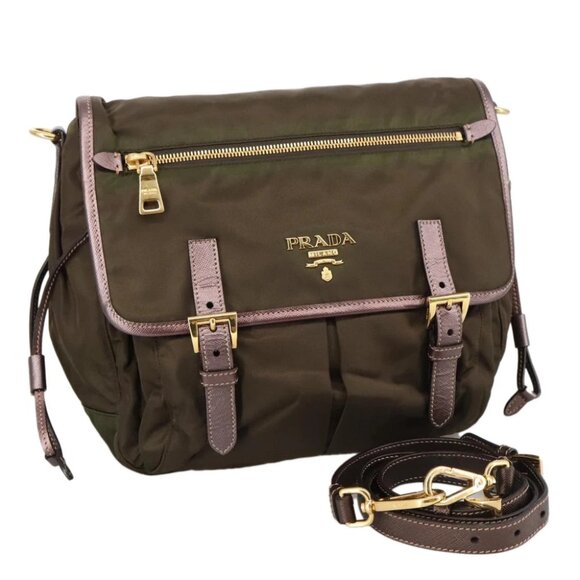 PRADA Shoulder Bag Nylon Khaki Gold - Picture 1 of 15